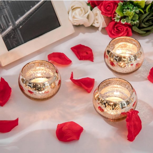 Set of 12 - Fireworks - Round Gold Mercury Glass Candle Holders (Bowl Shaped) - Picture 4 of 9